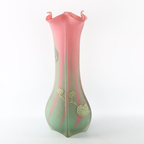 1174 - Art Nouveau pink/green glass vase with painted decoration, height 40cm