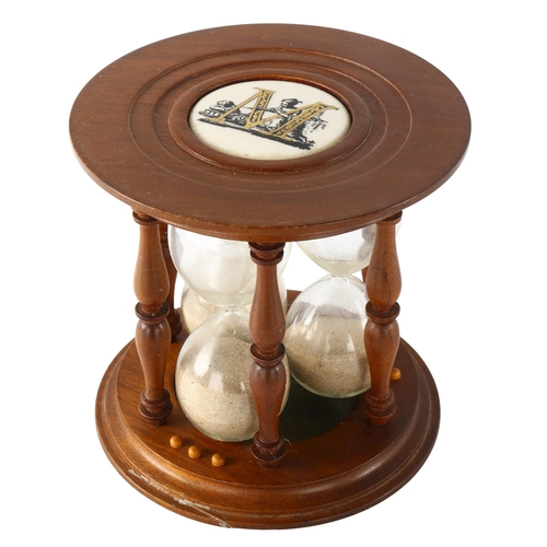 1177 - A reproduction mahogany 3-section egg timer, diameter 14cm, height 14cm