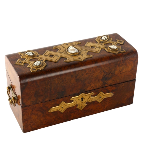 1178 - A Victorian burr-walnut box, with brass mounts and inset carved shell cameos, length 25cm