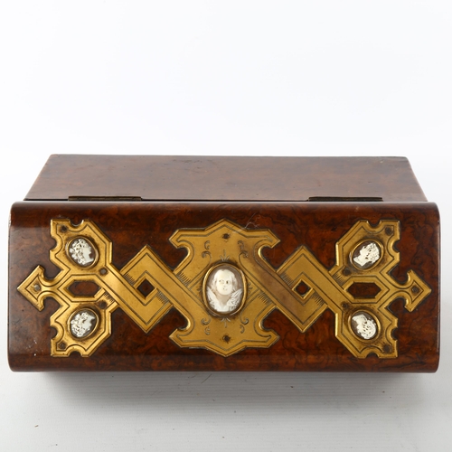 1178 - A Victorian burr-walnut box, with brass mounts and inset carved shell cameos, length 25cm