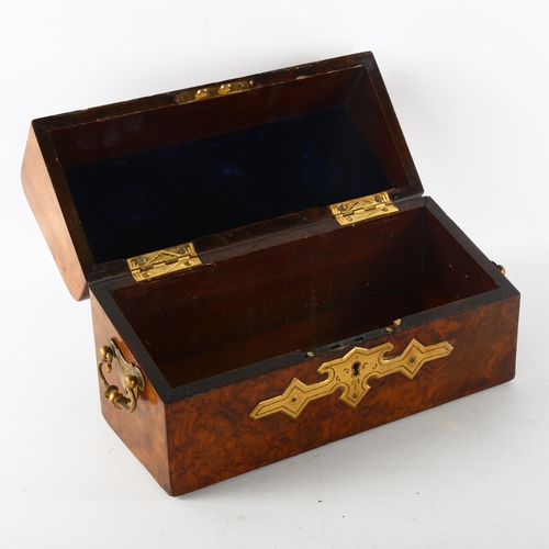 1178 - A Victorian burr-walnut box, with brass mounts and inset carved shell cameos, length 25cm