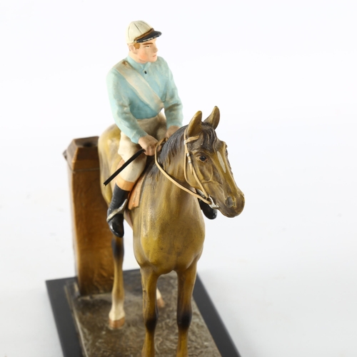 1181 - A cold painted metal racehorse and jockey design table lighter, base length 17.5cm