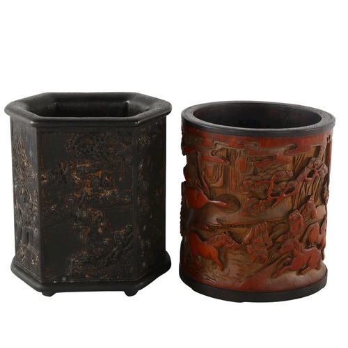 1196 - 2 Chinese relief carved bamboo brush pots, height 16cm