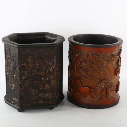 1196 - 2 Chinese relief carved bamboo brush pots, height 16cm