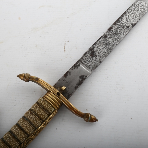 1218 - A 19th century Naval Officers Dirk with shagreen handle and etched blade, length 62cm