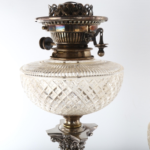 1168 - A graduated pair of Hinks Corinthian column oil lamps, electroplate and cut-glass, height 62cm and 5... 