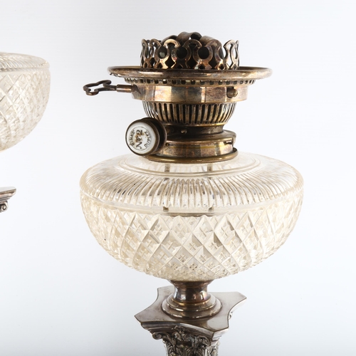 1168 - A graduated pair of Hinks Corinthian column oil lamps, electroplate and cut-glass, height 62cm and 5... 