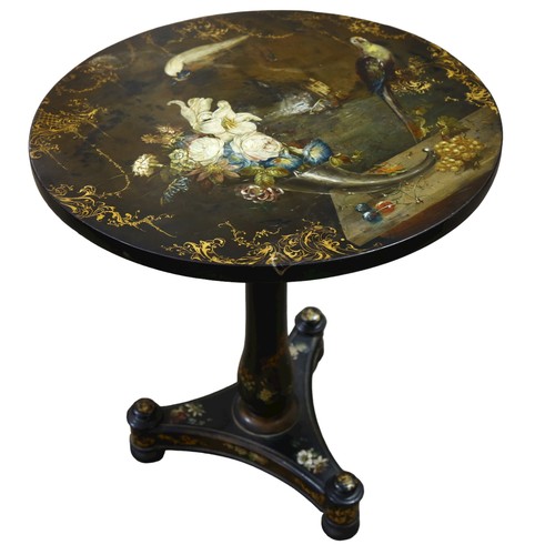 1224 - A 19th century lacquered and painted tilt-top occasional table, height 70cm, diameter 57cm