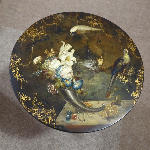 1224 - A 19th century lacquered and painted tilt-top occasional table, height 70cm, diameter 57cm