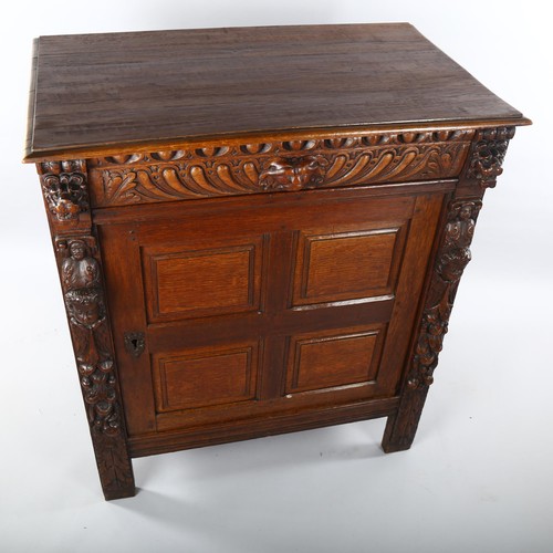 1122 - A 19th century carved oak side cabinet with drawer over cupboard, Height 107cm x Width 92cm x Depth ... 