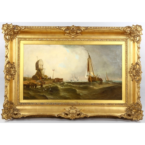 1501 - Clarkson Stanfield, oil on canvas, busy Dutch coastal shipping scene, 51cm x 89cm, framed