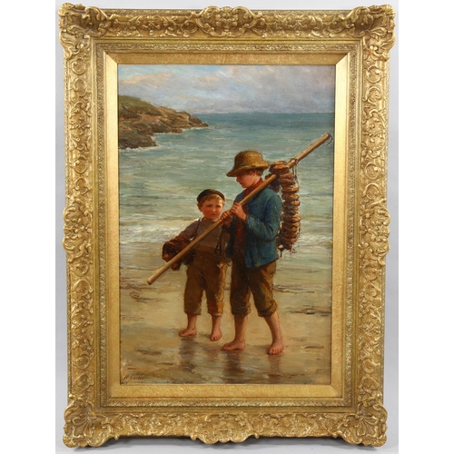 1504 - Hugh Carter (1837 - 1903), oil on canvas, boys at the shore, signed, 60cm x 40cm, framed