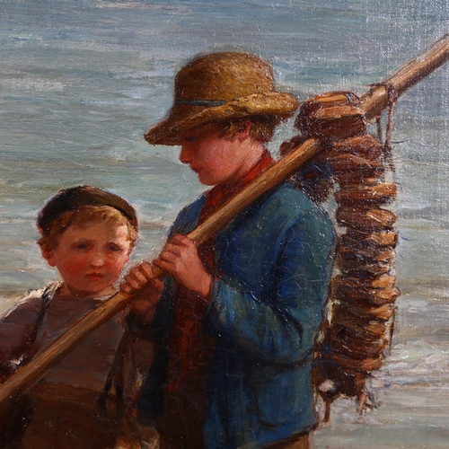 1504 - Hugh Carter (1837 - 1903), oil on canvas, boys at the shore, signed, 60cm x 40cm, framed