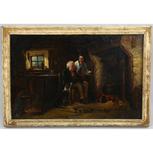 1505 - Dave Crockett, oil on canvas laid on board, cottage interior scene, signed with indistinct date circ... 