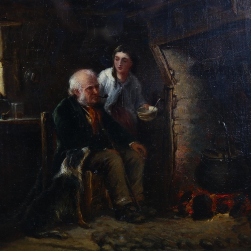 1505 - Dave Crockett, oil on canvas laid on board, cottage interior scene, signed with indistinct date circ... 