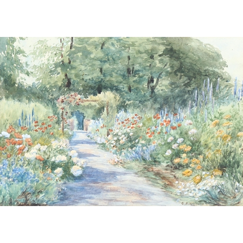 1508 - George Frederick Nicholls, watercolour, flower gardens, signed, 23cm x 33cm, framed