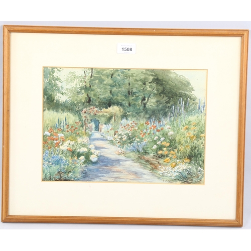 1508 - George Frederick Nicholls, watercolour, flower gardens, signed, 23cm x 33cm, framed