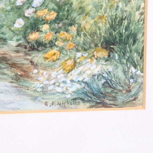 1508 - George Frederick Nicholls, watercolour, flower gardens, signed, 23cm x 33cm, framed