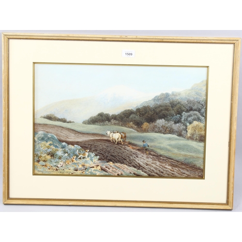 1509 - George Crozier, watercolour circa 1900, ploughing scene, signed, 34cm x 51cm, framed