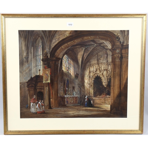 1512 - Joseph Nash (1808 - 1878), watercolour, cathedral interior scene, 52cm x 63cm, framed