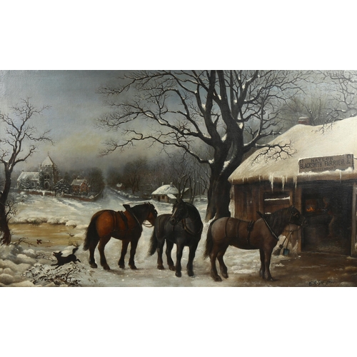 1521 - Edwin Roper Stocqueler (Australian - 1829 - 1895), oil on canvas, horses awaiting the blacksmith's i... 