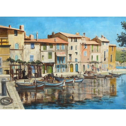 1522 - D Winter, oil on board, Mediterranean harbour scene, 1966, 37cm x 49cm, framed