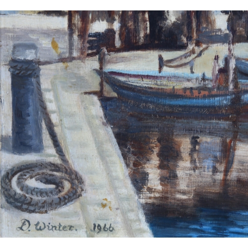 1522 - D Winter, oil on board, Mediterranean harbour scene, 1966, 37cm x 49cm, framed