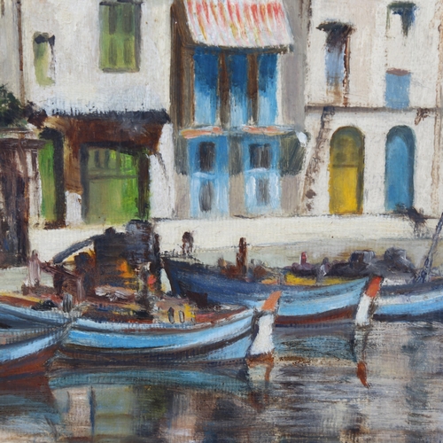 1522 - D Winter, oil on board, Mediterranean harbour scene, 1966, 37cm x 49cm, framed