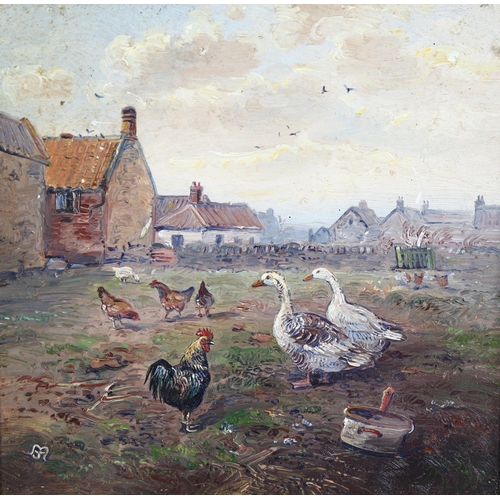 1524 - 2 oils on board by the same hand, poultry in a farmyard, signed with monogram, 17cm x 17cm, framed