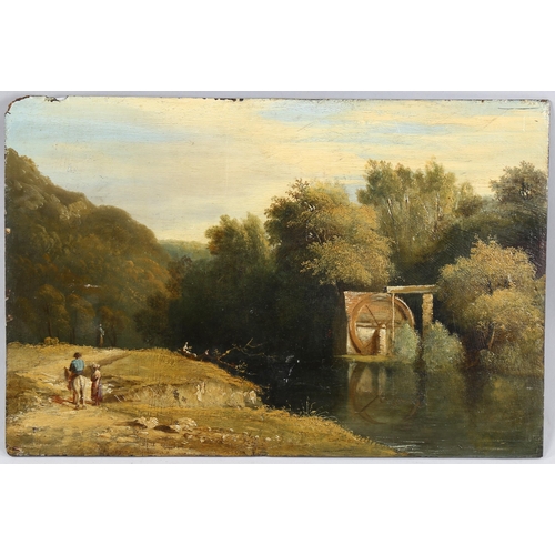 1526 - 19th century oil on wood panel, figures near an old watermill, unsigned, 29cm x 43cm, framed