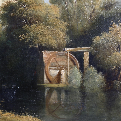 1526 - 19th century oil on wood panel, figures near an old watermill, unsigned, 29cm x 43cm, framed