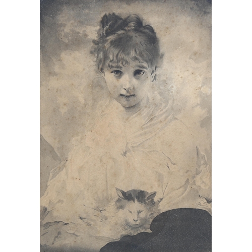 1527 - 19th century monochrome watercolour, portrait of a girl with a cat, unsigned, 27cm x 19cm, framed