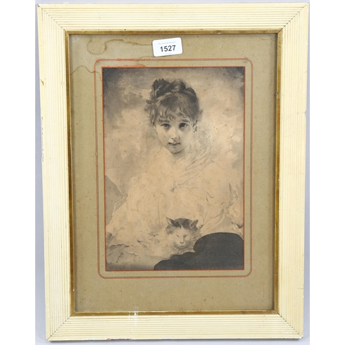 1527 - 19th century monochrome watercolour, portrait of a girl with a cat, unsigned, 27cm x 19cm, framed