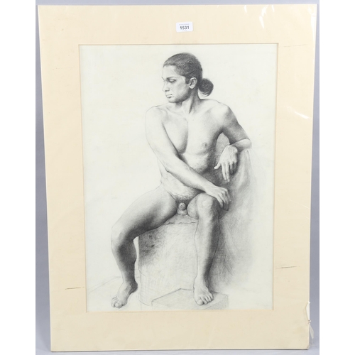 1531 - Charcoal on paper, nude portrait, unsigned, 65cm x 46cm, mounted