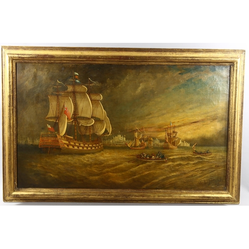 1534 - A large 19th century oil on canvas, shipping entering Istanbul harbour, indistinctly signed and date... 