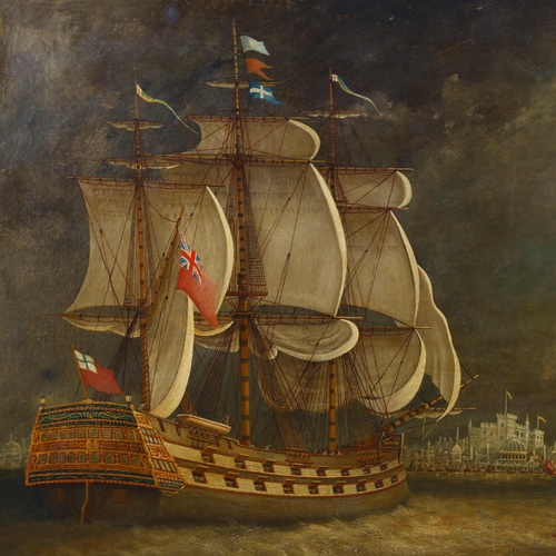 1534 - A large 19th century oil on canvas, shipping entering Istanbul harbour, indistinctly signed and date... 