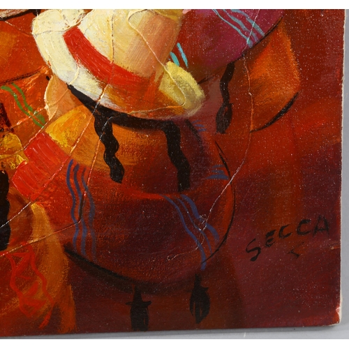 1544 - Secca, contemporary oil on canvas, South American figures, signed, 40cm x 52cm, unframed