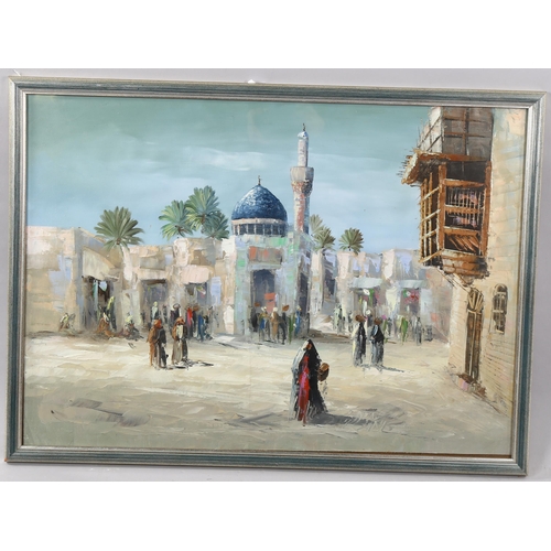 1547 - Contemporary oil on canvas laid on board, North African street scene, unsigned, 50cm x 69cm, framed