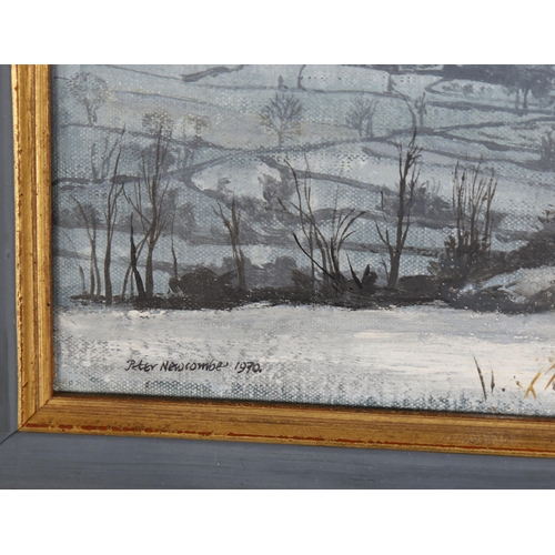 1550 - Peter Nuwcombe (1943 - 1991), oil on canvas, winter landscape, 1970, signed, 18cm x 25cm, framed