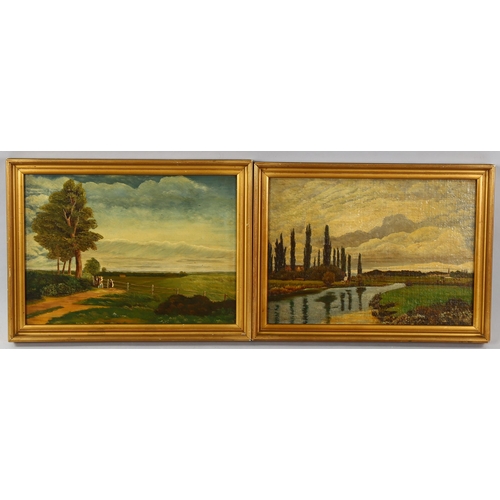 1553 - Pair of oils on panel, circa 1900, extensive landscapes, unsigned, 24cm x 33cm, framed