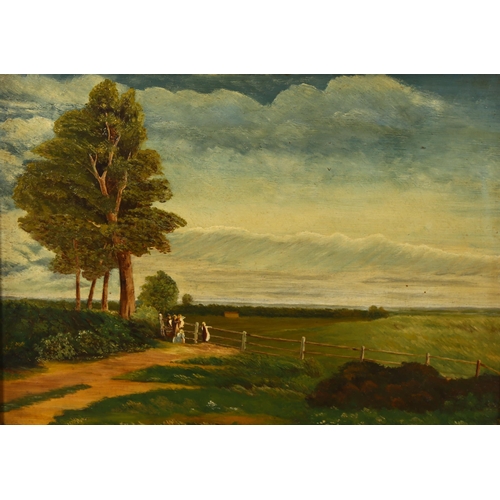 1553 - Pair of oils on panel, circa 1900, extensive landscapes, unsigned, 24cm x 33cm, framed