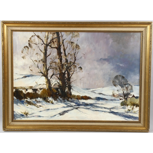 1555 - Mid-20th century oil on board, snowy landscape, unsigned, 60cm x 85cm, framed