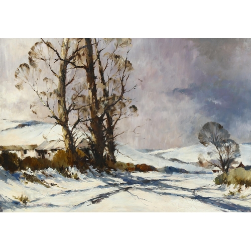 1555 - Mid-20th century oil on board, snowy landscape, unsigned, 60cm x 85cm, framed