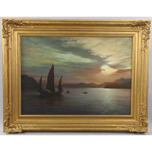 1556 - Early 20th century oil on board, moonlit Oriental harbour scene, unsigned, 50cm x 70cm, framed