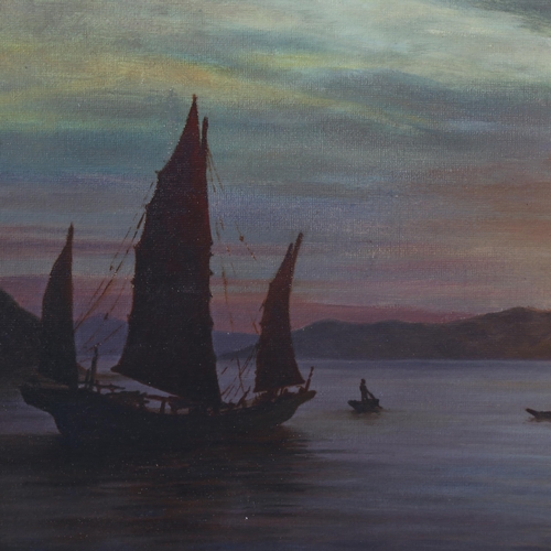 1556 - Early 20th century oil on board, moonlit Oriental harbour scene, unsigned, 50cm x 70cm, framed