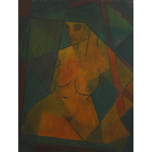 1557 - Early to mid-20th century oil on board, cubist nude composition, indistinctly signed, 74cm x 57cm, f... 