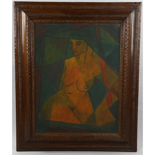 1557 - Early to mid-20th century oil on board, cubist nude composition, indistinctly signed, 74cm x 57cm, f... 