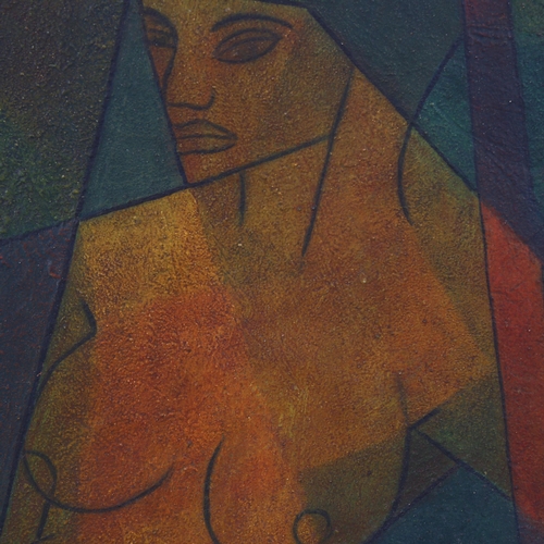 1557 - Early to mid-20th century oil on board, cubist nude composition, indistinctly signed, 74cm x 57cm, f... 