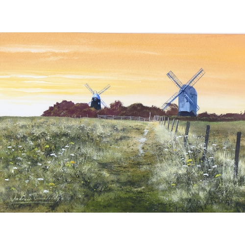 1559 - Andrew Dandridge, gouache, dawn light behind Jack and Jill, signed, 28cm x 38cm, framed