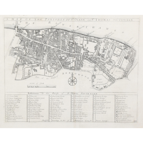 1560 - 18th century map, The Parishes of St Olav and St Thomas Southwark published 1755, plate size 28cm x ... 